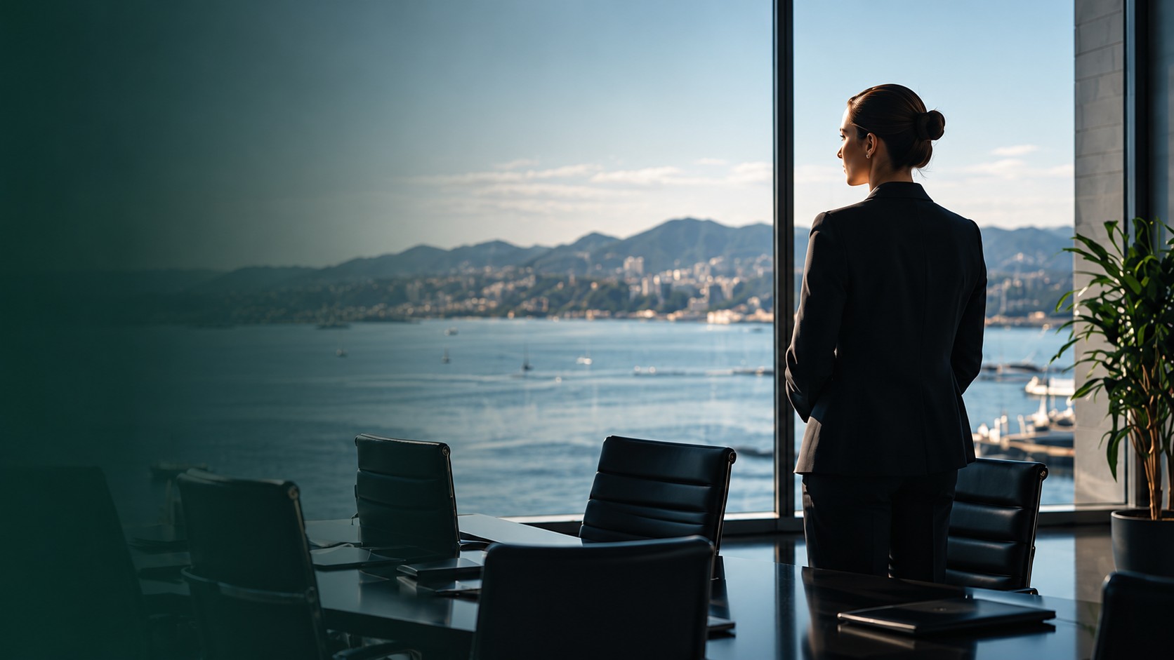 An executive looking across a waterfront bay from a modern office